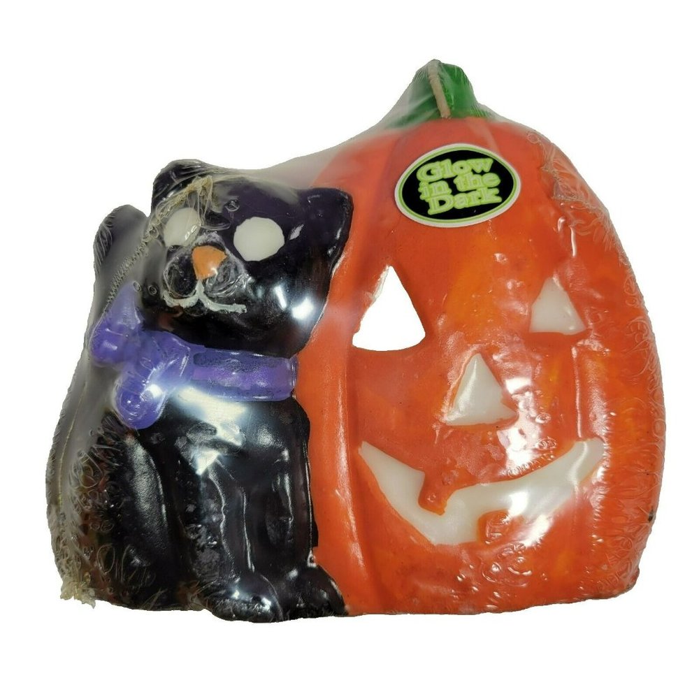 Vintage Halloween Black Cat & Pumpkin Glow in Dark Candle 1997 Loomco NEW 6x5"